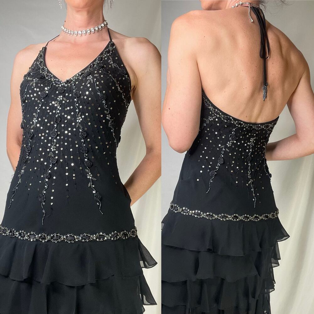 Sue Wong beaded‎ sequin rosette halter silk prom dress fairy cocktail Nocturne 4 - Picture 12 of 14